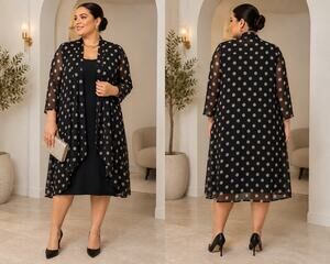 Enfocus Women 20W Black Polka Dot 2 Piece Dress Sheer Jacket Plus